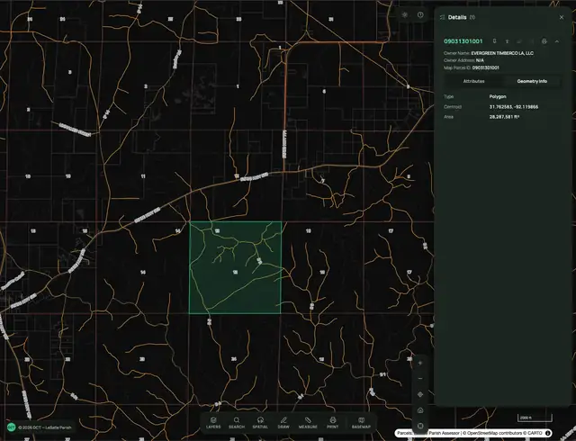 Atlas viewer in dark mode: an edge-to-edge parcel map with a floating tool dock and a slide-in details panel for the selected parcel