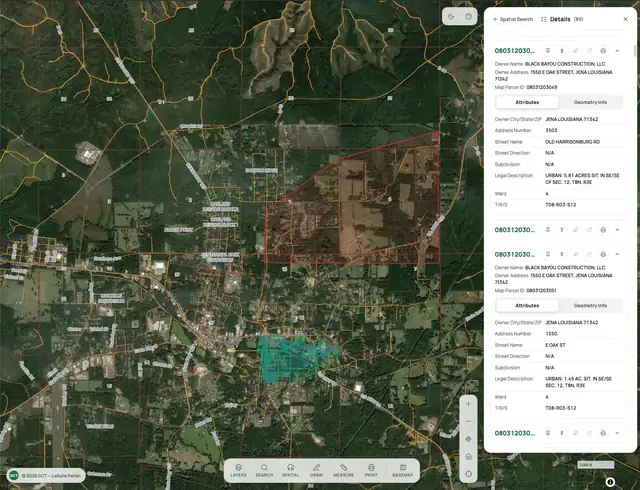 Atlas viewer: a spatial search over aerial imagery returning dozens of parcels, with attribute details stacked in a side panel