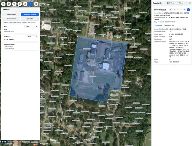 Modern viewer: measuring a distance across a selected parcel over aerial imagery, with results docked to the side