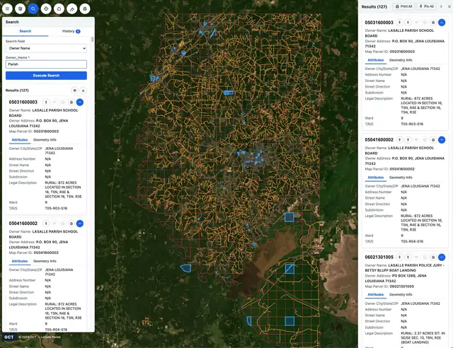 Modern viewer: an owner-name search returning 127 parcels, with results panels docked on both sides of the map